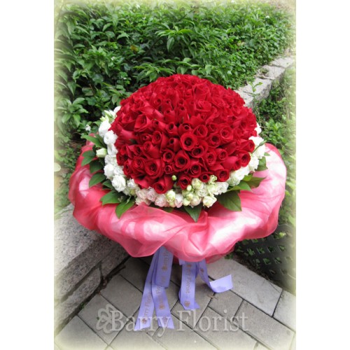 BOU 0035 99 支A級入口紅色玫瑰 + 桔梗 + 季節性襯花